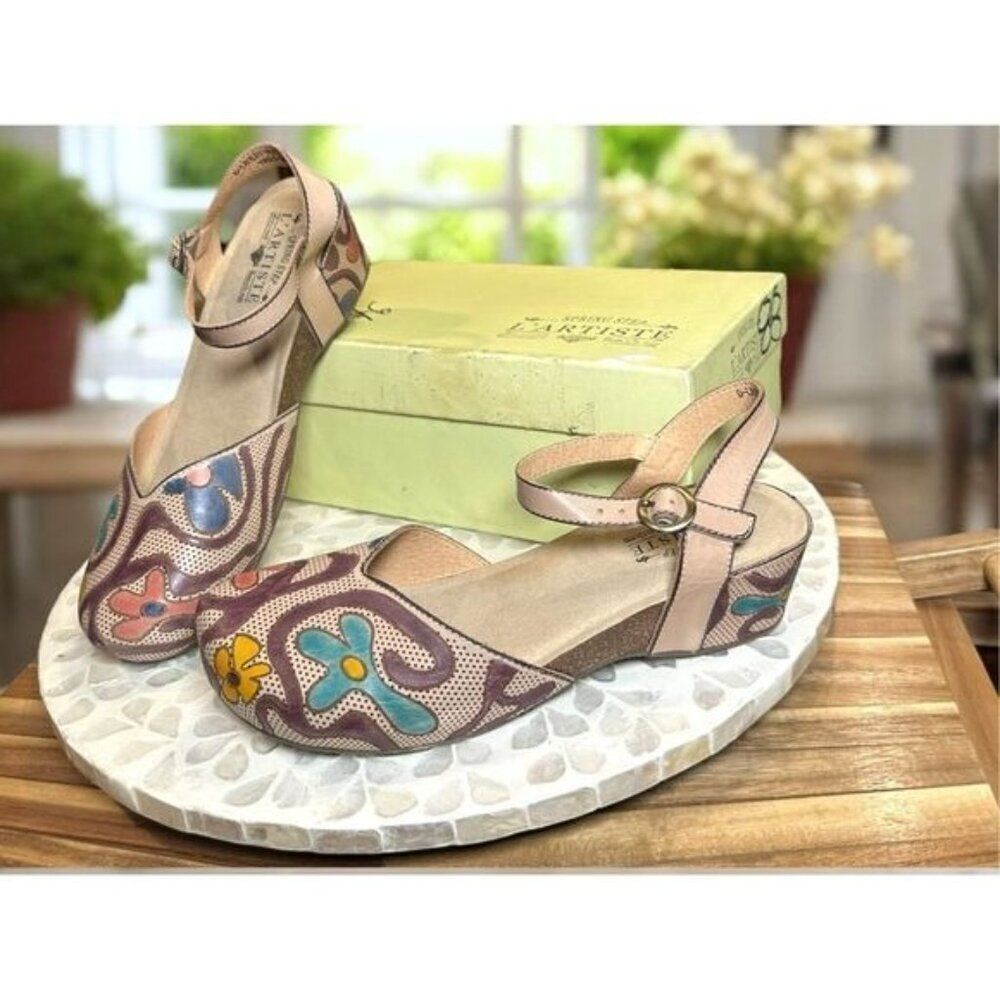 Hand Painted Leather Mary Jane Wedge Sandals Womens EU 38 US 7.5 Floral